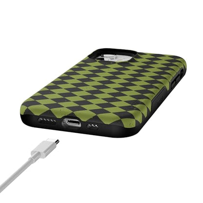Casely iPhone 12 Mini Case | Harlequin Wicked Diamond | Black and Green | Bold Protective Design | MagSafe Compatible Design - color: Harlequin Wicked Diamond | Black and Green, size: Iphone 12 Mini