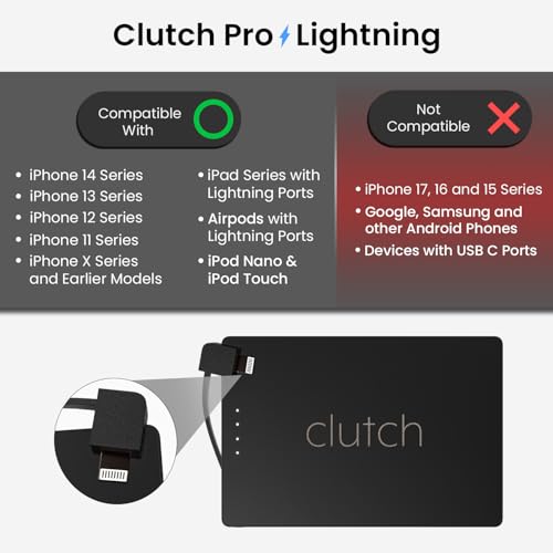 Clutch Pro – World's Thinnest iPhone Charger – Portable Power Bank 5000mAh – Magnetic Built-in Lightning Cable – TSA Approved Travel Charger – iPhone 14 & Earlier – Black - color: Black