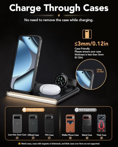3 in 1 Foldable Wireless Fast Charging Station for Google Pixel Watch 5/4 - color: Night Black