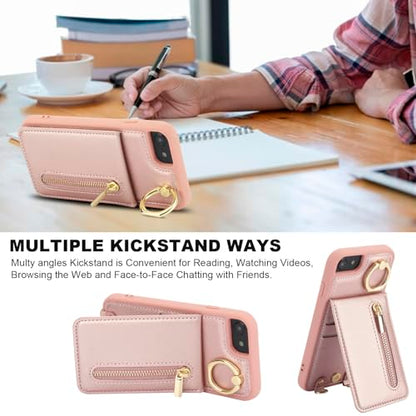Crossbody Wallet Case for iPhone 7/8/SE 2020/SE 2022, Pink | Card Slots, Zipper Pocket, Flip Folio Purse, RFID Blocking, Ring Kickstand with Detachable Strap - color: Pink, size: iPhone 7/8/SE 2020/SE 2022 (4.7")