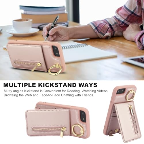 Crossbody Wallet Case for iPhone 7/8/SE 2020/SE 2022 with Lanyard Strap Card Slot Holder RFID Blocking Kickstand,Magnetic Flip Folio Zipper Purse Case, PU Leather Cover Handbag,Rose Gold - color: Rose Gold, size: iPhone 7/8/SE 2020/SE 2022(4.7")