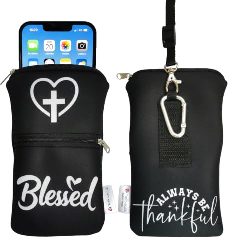 Tainada Dual Zipper Neck Cell Phone Pocket Pouch w/Belt Loop (Blessed) | For Men/Women; Water-resistant neoprene material, shockproof, lightweight, w/carabiner; Compatible with most of smartphones - color: Blessed