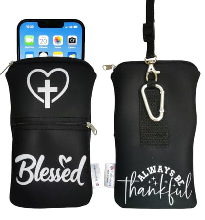 Tainada Dual Zipper Neck Cell Phone Pocket Pouch w/Belt Loop (Blessed) | For Men/Women; Water-resistant neoprene material, shockproof, lightweight, w/carabiner; Compatible with most of smartphones - color: Blessed