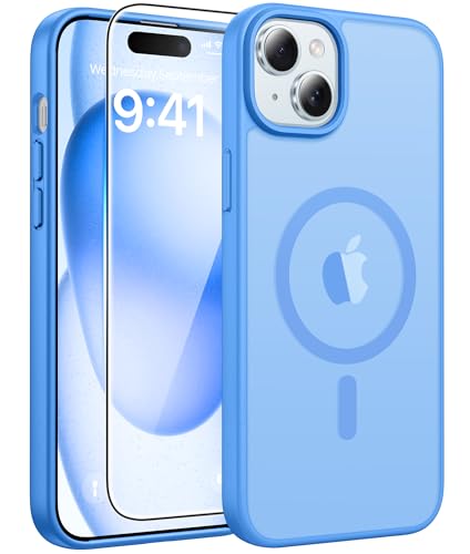 FNTCASE for iPhone 15/14/13 Case, Fit for Magsafe, Glass Screen Protector | Translucent Matte, Magnetic Phone Cases, 14FT Military Grade Drop Protection, Slim Shockproof Protective Cover, Ice Blue - color: Ice Blue, size: Iphone 15 / Iphone 14 / Iphone 13