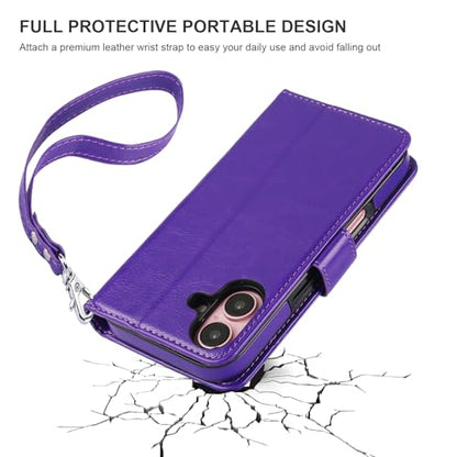 Bocasal Detachable Wallet Case Card Holder for iPhone 16, Purple | RFID Blocking Kickstand Card Slots Holder PU Leather Magnetic Shockproof Wrist Strap Removable Flip Protective Cover 6.1 inch - color: Purple