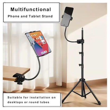 Universal Phone and Tablet Holder Mount with Flexible Gooseneck, 360° Rotation, for Mic Stands, Wheelchairs, Bikes, Treadmills, Applicable Device Width ranges 2.4"–7"