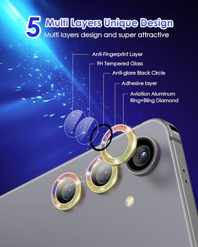 Compatible for Galaxy S25 Plus Camera Lens Protector Glitter Individual Aluminium Alloy Ring 9H Tempered Glass Bling Camera Cover for Samsung Galaxy S25 Plus Glitter Colorful
