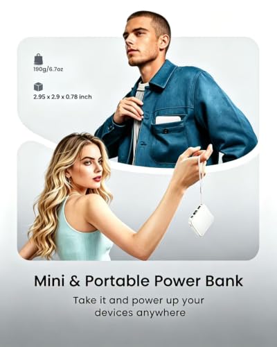 ummz Mini Portable Charger with Built-in 4 Cables，12000mAh Small Power Bank - color: black