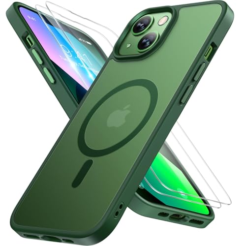 Miracase Magnetic for iPhone 13 Case 6.1 inch (Compatible with MagSafe)（with 2X Screen Protectors） Military-Grade Protection, Anti-Fingerprint Translucent Matte Phone Case Cover, Dark Green - color: Dark Green, size: iPhone 13