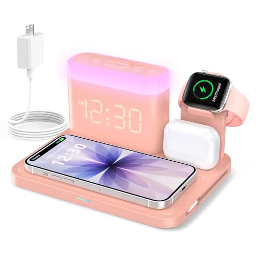 ANJANK 5 in 1 Wireless Charging Station with Alarm Clock,7 Night Light & 0-100% Dimmer,Qi Mag-Safe Charger Stand for Apple Devices - for iPhone 17 16 15 14 13 12 Pro Max Plus Air,Apple Watch,Airpods - color: Pink