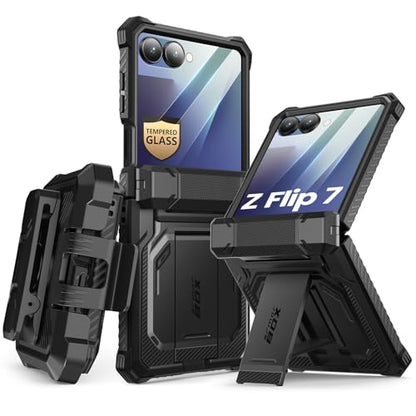 i-Blason for Samsung Galaxy Z Flip 7 Case with Stand & Belt-Clip, Black | Built-in Screen Protector, Hinge Protection, Belt-Clip, KickStand, Full-Body Protection, Military - color: Black