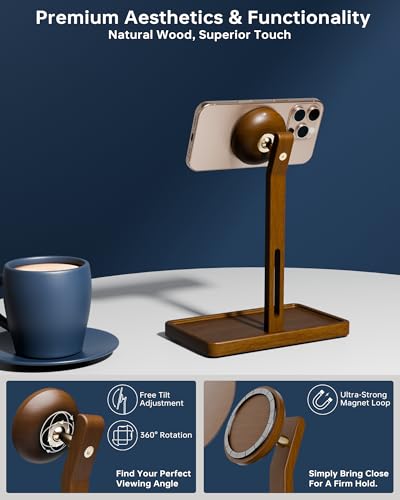 YEOUX Premium Magnetic Phone Holder for Desk | Solid Walnut Wood | 360° Free Adjustable | MagSafe Compatible, for iPhone 17 16 15 14, Stylish Desk Accessory