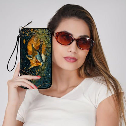 Ladies Wallet,Clutch Purses for Women Wallets Leather Credit Card Holder for Women Wristlet Slim Small Cute with Zipper,Thin RFID Blocking with Wrist Strap,Grass Fox - color: Grass Fox