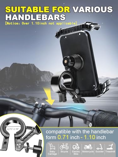 Motorcycle Phone Mount,Handlebar Phone Holder for Bike,360°Rotation,Silicone Wrapped Phone Clamp,One-Touch Quick Lock Scooter Stroller Bicycle Phone Holder,4.7- 6.8"Phones,Thick Cases Friendly - color: Black
