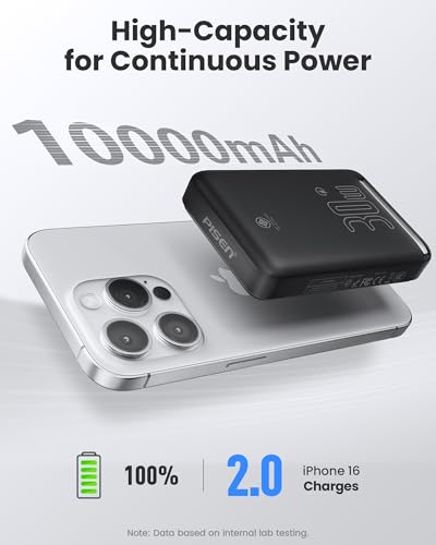 PISEN 3C Wireless Power Bank - 10000mAh Qi2 Wireless Portable Charger 30W 3C Certified Qi2 Power Bank with Stand Airplane Safe Magnetic CCC Travel Portable Charger for iPhone 17/16/15/14/13/12 Series