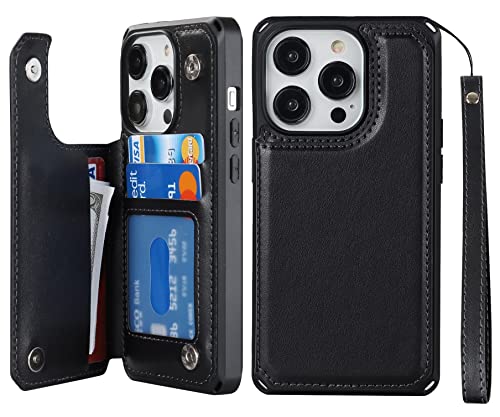 iCoverCase Compatible with iPhone 14 Pro Wallet Phone Case with Card Holder for Women, RFID Blocking Embossed PU Leather Wrist Strap Case 6.1 Inch (Macaron Black) - color: P-Black