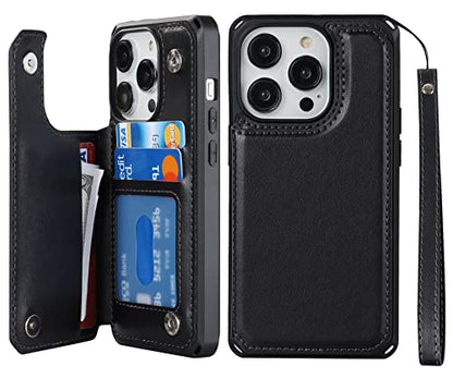 iCoverCase Compatible with iPhone 14 Pro Wallet Phone Case with Card Holder for Women, RFID Blocking Embossed PU Leather Wrist Strap Case 6.1 Inch (Macaron Black) - color: P-Black