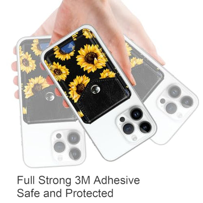 Self Adhesive Card Holders for Back of Phone, Cute Premium Leather RFID Phone Wallet Pockets with Snap, Slim Card Holders Sleeve for Phone Case, Sunflower - color: Sunflower