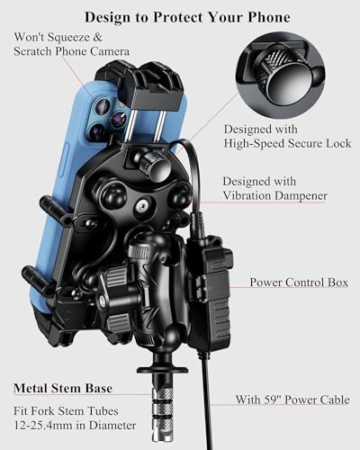 BRCOVAN Motorcycle Fork Stem Phone Mount with Wireless & USB-C Charger