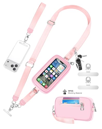 SHANSHUI Clip and Go Phone Lanyard Wallet, Hands Free Crossbody Strap with Zipper Pocket & ID Window, Includes 2 Metal Tether Pads for Phones, Keys, Earphones, Accessories Pink - color: Pink