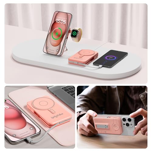 Magnetic Portable Charger Built-in Cables,10000mAh Fast Charging Wireless Charger Station External Battery Pack Slim Pocket Size Power Bank with Stand Compatible with iWatch, iPhone - color: Pink