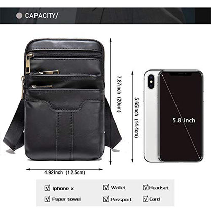 Cell Phone Shoulder Bag Leather Men, Waterproof Phone Waist Bag Messenger Bag Crossbody Purse with Belt Loop Wallet Case - color: Black