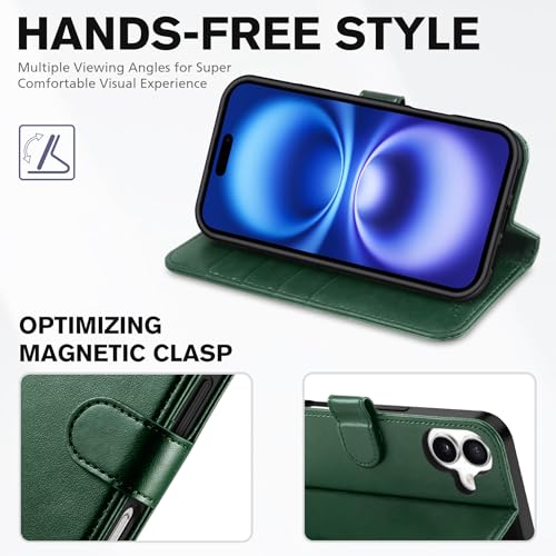 TUCCH Wallet Case for iPhone 16 (6.1") 2024, 4 Card Slots, Evergreen | RFID Blocking, Viewing Stand, Shockproof TPU Shell, PU Leather, Magnetic Closure, Protective Folio Flip Cover - color: Evergreen