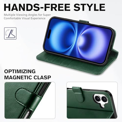 TUCCH Wallet Case for iPhone 16 (6.1") 2024, 4 Card Slots, Evergreen | RFID Blocking, Viewing Stand, Shockproof TPU Shell, PU Leather, Magnetic Closure, Protective Folio Flip Cover - color: Evergreen