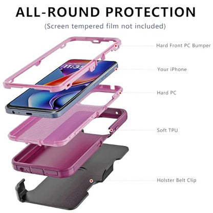 for Motorola Moto G 2026/2025 Case: for Moto G Play 2026 Case with Belt Clip Holster, Heavy Duty 3-Layer Military Grade Rugged Full Body Protection Cover (Wine/Pink) - color: Wine/Pink