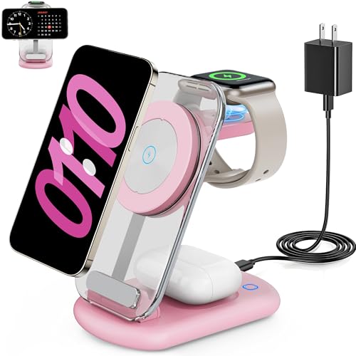 RYND 2026 Travel Wireless Fast Charging Station,Magnetic 3 in 1 Charger with Light for iPhone16 15 14 13 12 Pro Max Plus,Apple Watch Series & Air pods 4 3 2 Pro-Gifts for Wife & Husband(Pink) - color: Pink