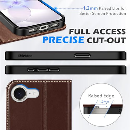 SHIELDON Genuine Leather Flip Wallet Case for iPhone 17e/16e, Retro Coffee | RFID Blocking, Credit Card Holder, Magnetic Closure, Kickstand, Folio Design, Soft Shock-Absorbent Phone Cover - color: Retro Coffee