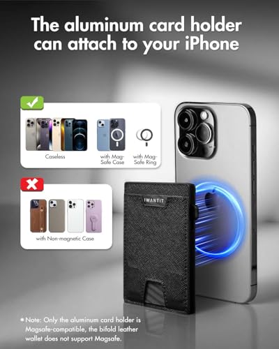 iwantit 3 in 1 Magsafe Wallet Men: Bifold Wallet + Magnetic Wallet for iPhone - Detachable Cash Strap, Smart Pop Up Card Holder, ID Window, Premium Leather (Cross Grain Black) - color: Cross Grain Black