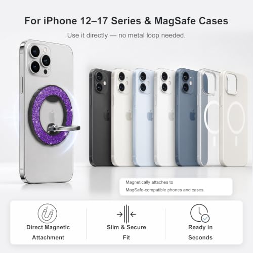 Magnetic Phone Ring Holder for MagSafe, Glitter Magnetic Grip - color: Black+Purple
