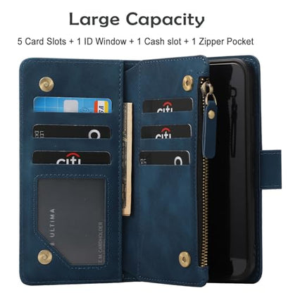 RANYOK Wallet Case for iPhone 15 (6.1 inch) with RFID Blocking Credit Card Holder, Premium PU Leather [Zipper Pocket] Flip Folio Case Wallet with Wrist Strap Kickstand Protective Case (Blue) - color: Blue