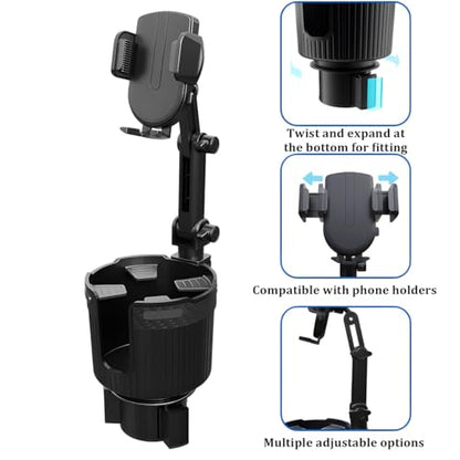 Adjustable Cup Holder Phone Mount 2-in-1 Vehicle Stand Black - color: Black