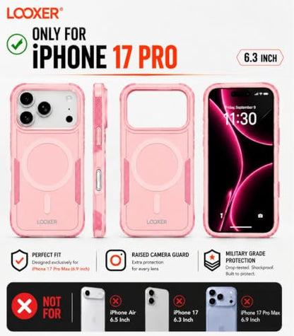 LOOXER® Heavy Duty Rugged Magnetic Case for iPhone 17 Pro (6.3”) | Military Grade Shockproof Protection,MagSafe Compatible+ Tempered Glass Included (Pink,17 Pro) - color: Pink, size: 17 Pro