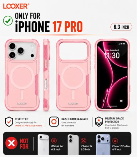 LOOXER® Heavy Duty Rugged Magnetic Case for iPhone 17 Pro (6.3”) | Military Grade Shockproof Protection,MagSafe Compatible+ Tempered Glass Included (Pink,17 Pro) - color: Pink, size: 17 Pro
