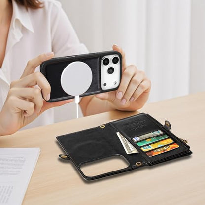 for iPhone 17 Pro Wallet Case, [Compatible with Magsafe] [Magnetic Detachable] [RFID Blocking] PU Leather Case with Card Holder & Crossbody Strap for Women Men, Black - color: Black