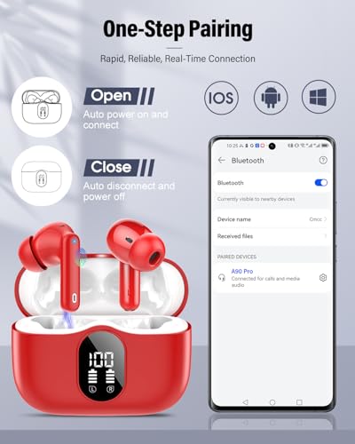 Wireless Earbuds, Bluetooth 5.4 Headphones Bass Stereo/Clear Calls, Red - color: Red
