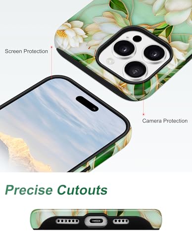 Jusy Magnetic Stained Glass Floral Case for iPhone 14 Pro, White | Compatible with MagSafe, Cute Aesthetic Flower Design, TPU and PC Protective Phone Cover - color: White