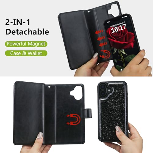 Varikke for iPhone 16 Glitter Case Wallet Magnetic Detachable, Black - color: (Standard) Black, size: iPhone 16 6.1"