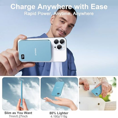 Magnetic Portable Charger 5000mAh, 15W Ultra Slim Wireless Portable Charger, Fast Charging for iPhone 17/16/15/14/13/12 Pro/Pro Max/Plus, Metal Shell, USB-C Cable to Charge Other Phones (Blue) - color: Blue