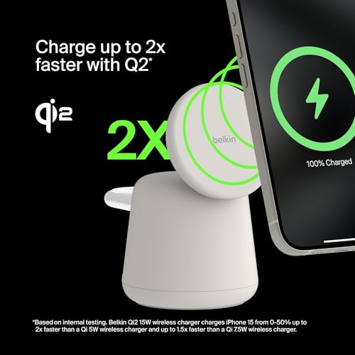 Belkin Qi2 15W Wireless Charging Dock, 2 in 1 Fast iPhone Charger - color: Sand, style: Latest Gen