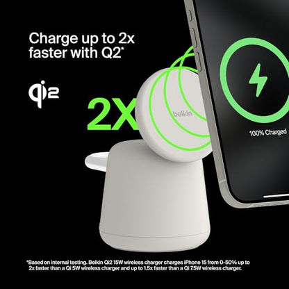 Belkin Qi2 15W Wireless Charging Dock, 2 in 1 Fast iPhone Charger - color: Sand, style: Latest Gen