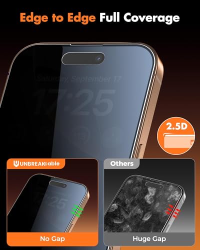 UNBREAKcable 2PCS Screen Protector for iPhone 16 Pro Max - 1 Privacy Tempered Glass+1 Clear Glass Double Shatterproof [Installation Frame] [9H Hardness] [Case Friendly] Anti-Scratch iPhone 6.9 inch - size: iPhone 16 Pro Max
