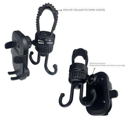 Ezkindheit 2-in-1 Hook & Phone Holder - Universal for Strollers, Bikes - 360° Rotation, Non-Slip Design, Hands-Free Stroller Accessories for Parents.