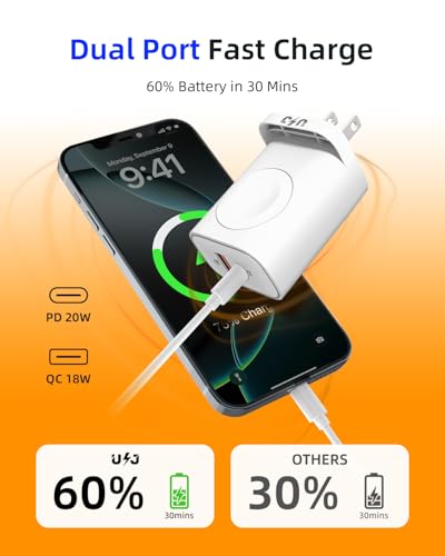 3-in-1 Portable Apple Watch Charger Fast Charging，25W Wireless Magnetic Foldable iWatch Charger Block，PD Travel Essentials Block for iWatch Ultra/SE/ 10/9/ 8/7/ 6，iPhone 17/16/ 15 Series