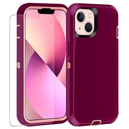 Shockproof Case For iPhone 13 with Tempered Glass Screen Protector 3 Layer Military Grade Drop Protection Heavy Duty Protection Rugged Rubber Phone Case Cover for iPhone 13 6.1 PurplePink - color: PurplePink