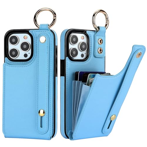Folosu for iPhone 15 Pro Max Wallet Case with Card Holder, Hand Wrist Strap Loop Holder Kickstand, RFID Blocking Finger Grip Ring PU Leather Double Buttons Shockproof Cover 6.7" Blue - color: Blue