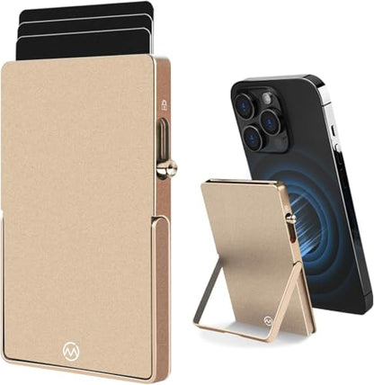 Magnetic Phone Wallet with Adjustable Stand,Pop up Phone Card Holder Quick Access to Bank/Credit Cards, 3.93 * 2.96 * 0.31 Inches Compact Metal Case with RFID Blocking Protection (Titanium Gold) - color: Titanium Gold